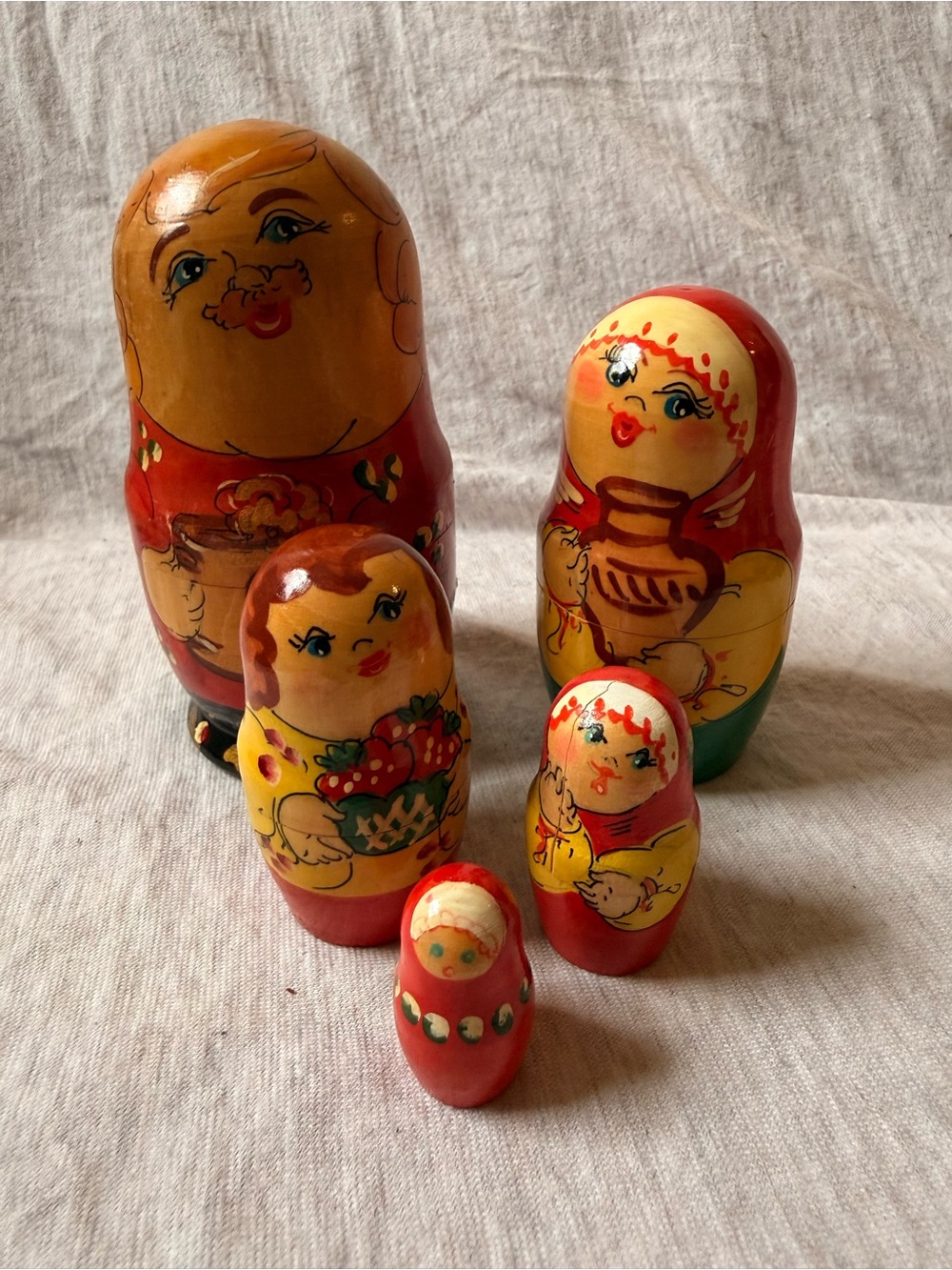 Hand-Painted Red and Yellow Russian Nesting Doll Set (Matryoshka)